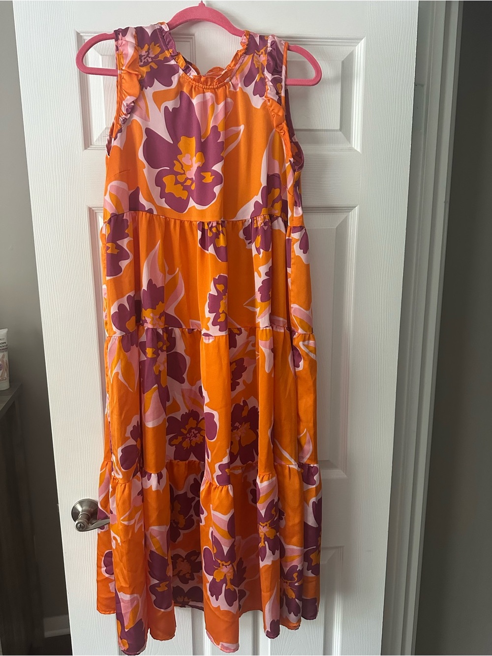 Umgee Orange Floral Tiered Maxi Dress with Pink & Purple Blooms